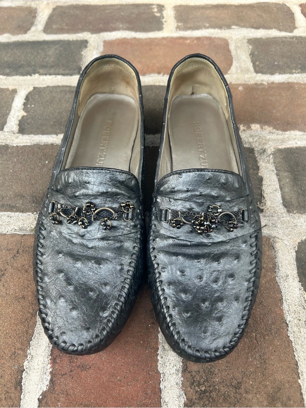 Robert Zur Metallic Pewter Ostrich Embossed Driving Loafers Metal Hardware  10